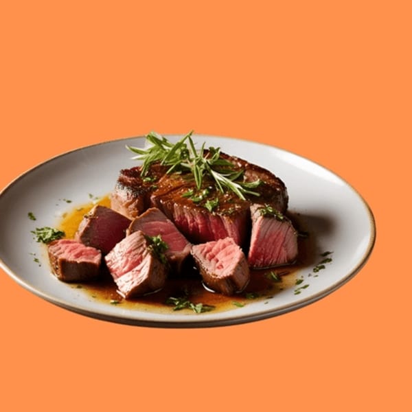 Medium-rare steak, sliced and drizzled with sauce, garnished with rosemary and parsley on a white plate.